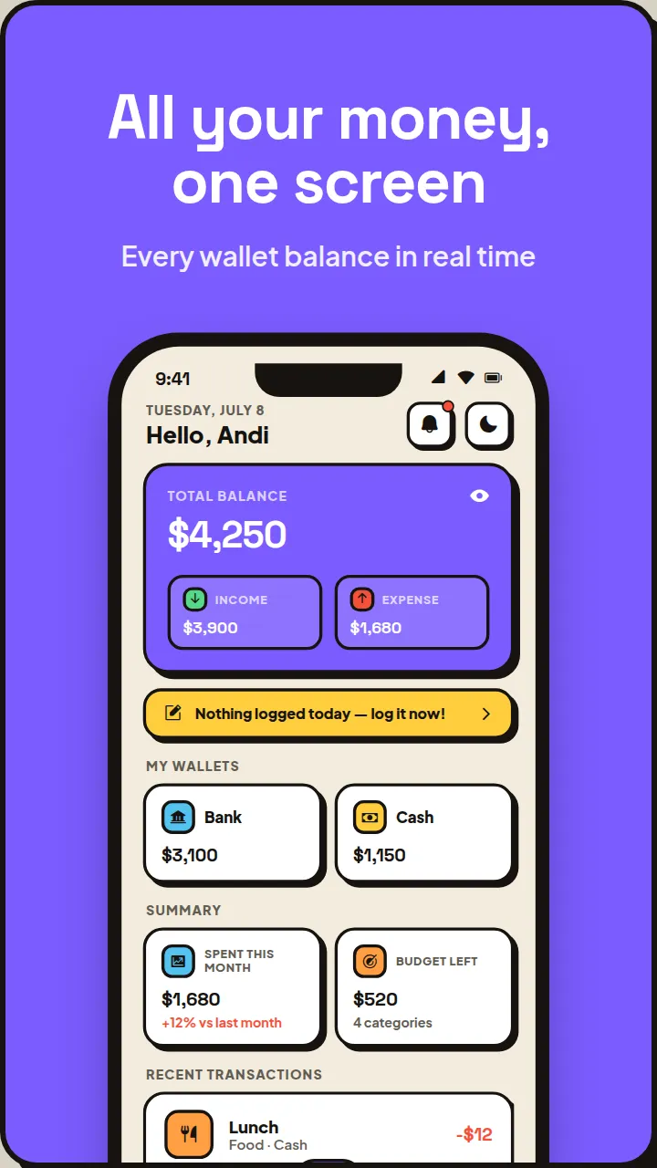Duitara home screen — all your money, one screen: real-time wallet balances