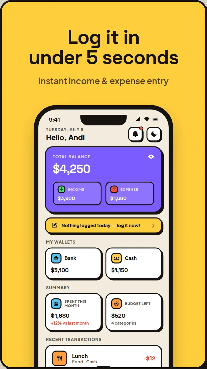 Add transaction screen — log income & expenses in under 5 seconds