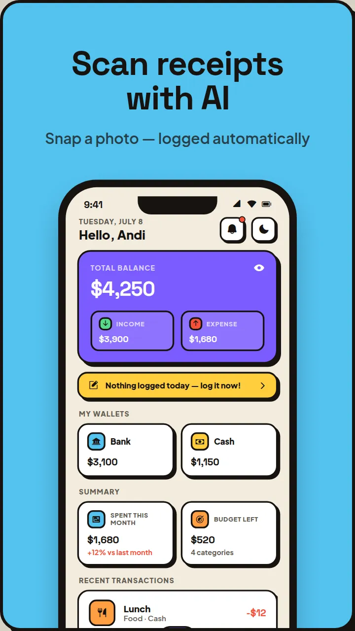 AI receipt scan — snap a photo and it's logged automatically