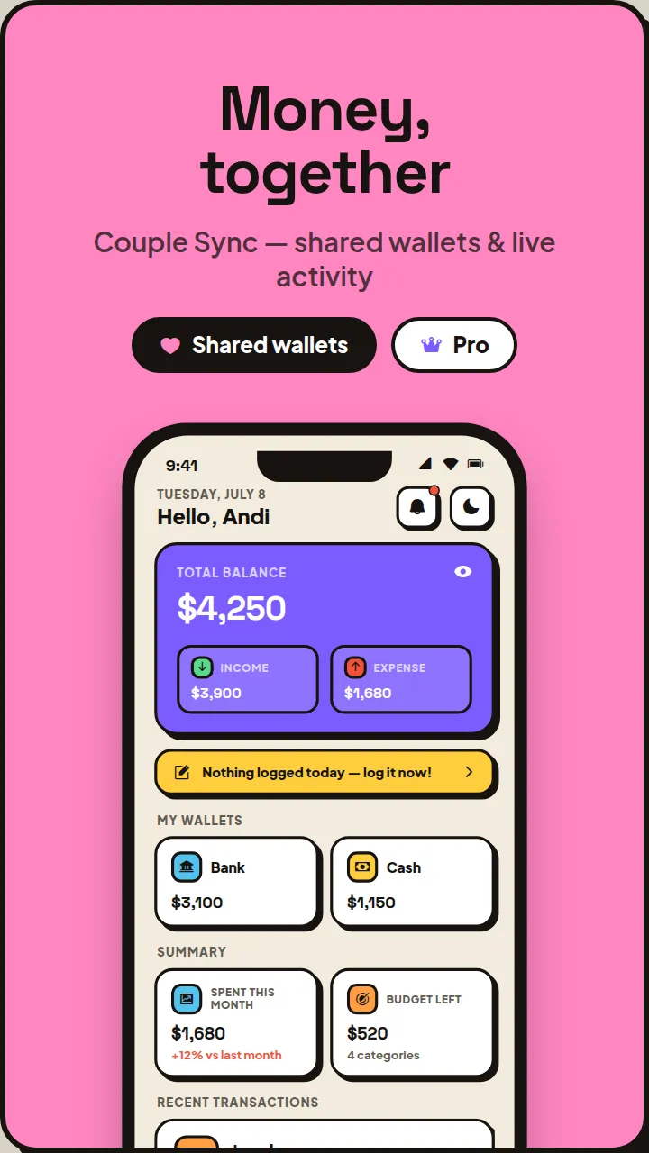 Couple Sync — money together: shared wallets & live activity