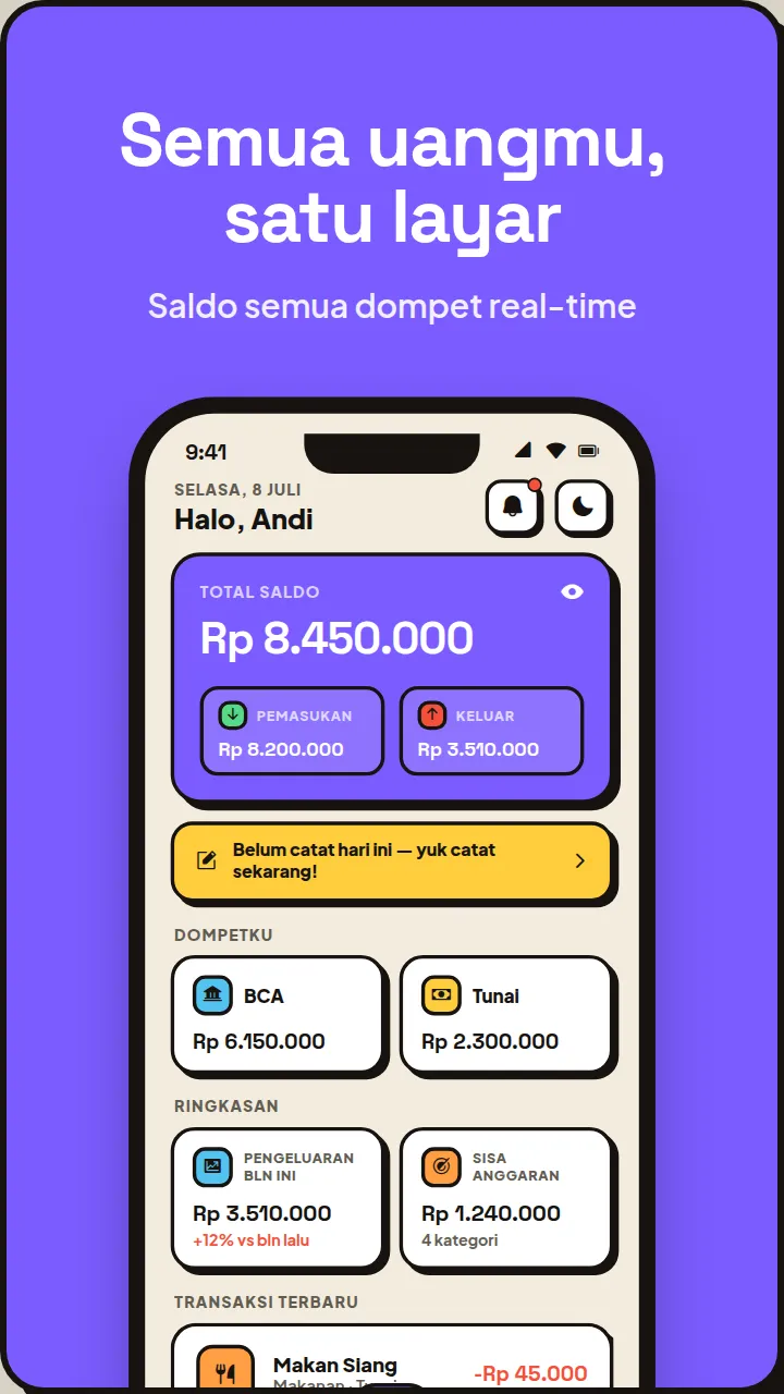 Layar beranda Duitara — semua uangmu, satu layar: saldo semua dompet real-time