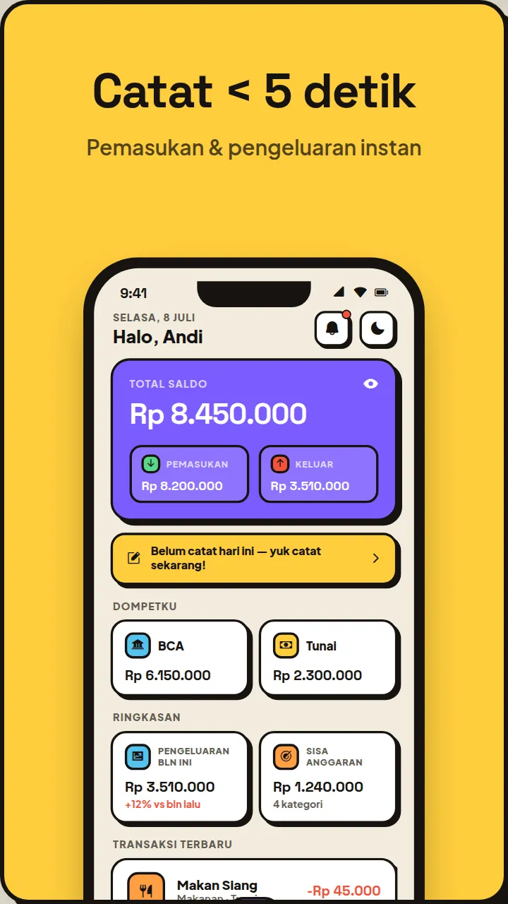 Layar catat transaksi — pemasukan & pengeluaran tercatat kurang dari 5 detik