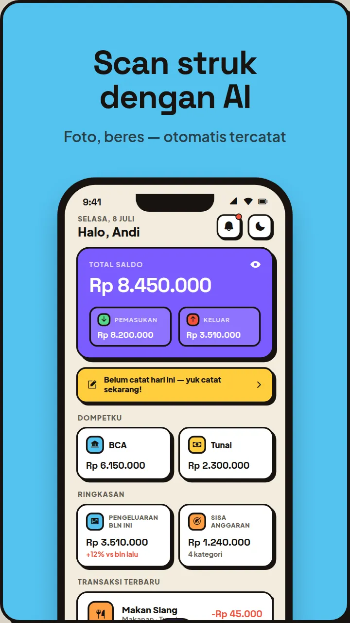 Scan struk dengan AI — foto, beres, otomatis tercatat